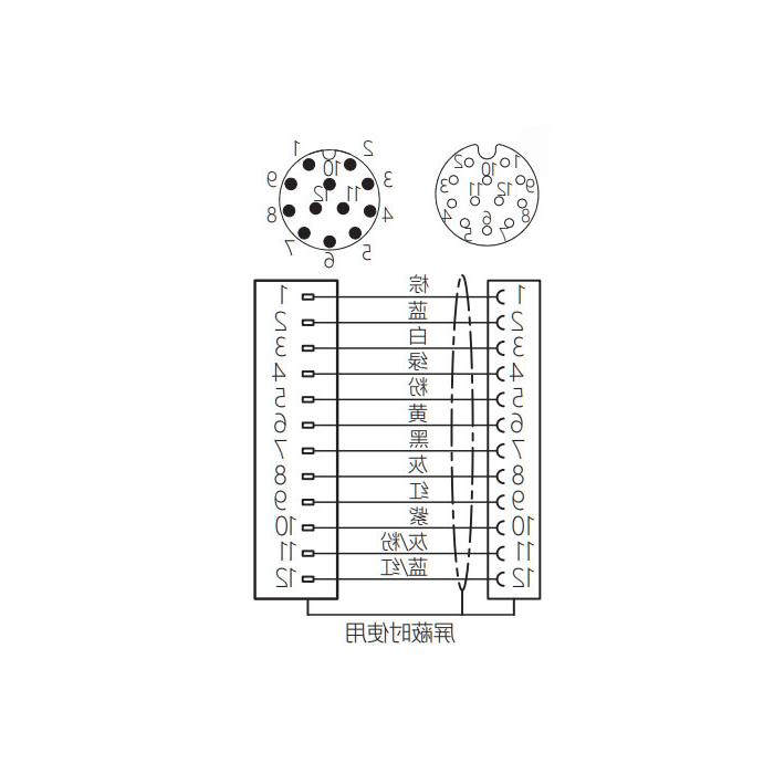 M12 12Pin, female straight to male straight, double end precast PUR flexible cable, shielded, black sheath, 64DA15-XXX